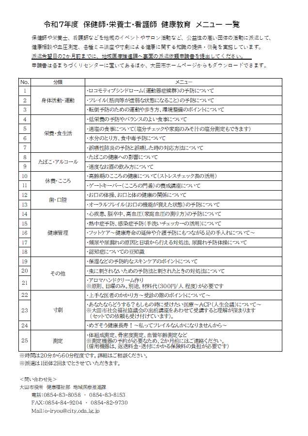 令和７年度健康教育メニュー一覧