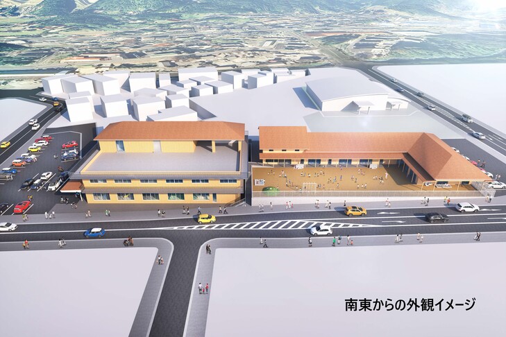 上空から拠点施設全体を見下ろしたイメージです。左側がこども家庭センター。右側が認定こども園になります。