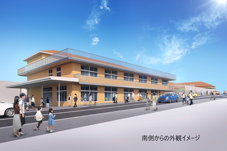 拠点施設を南側から見上げたイメージです。手前側にこども家庭センター、奥に認定こども園を配置する予定です。