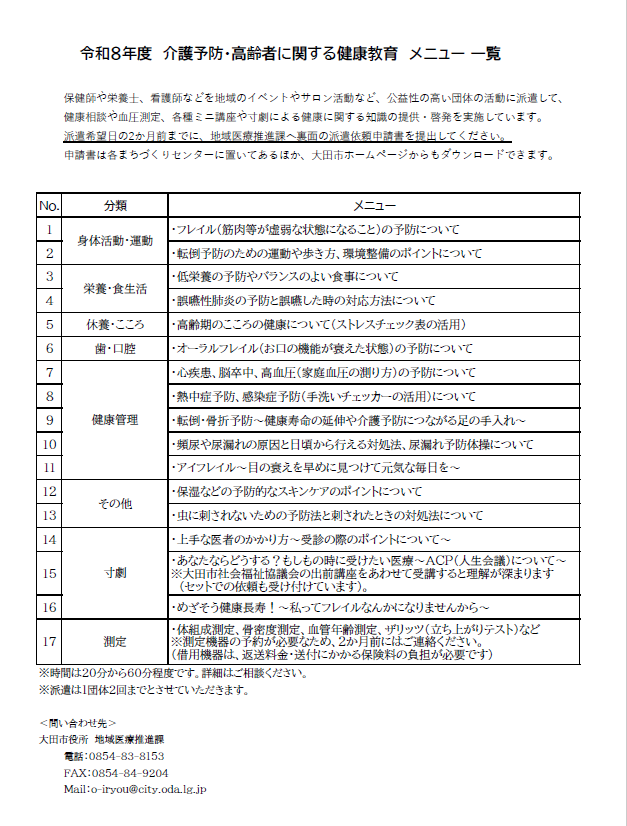令和8年度健康教育メニュー一覧